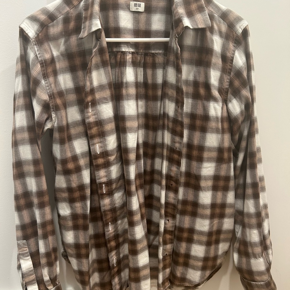 Uniqlo Brown and White Plaid Button Down Shirt